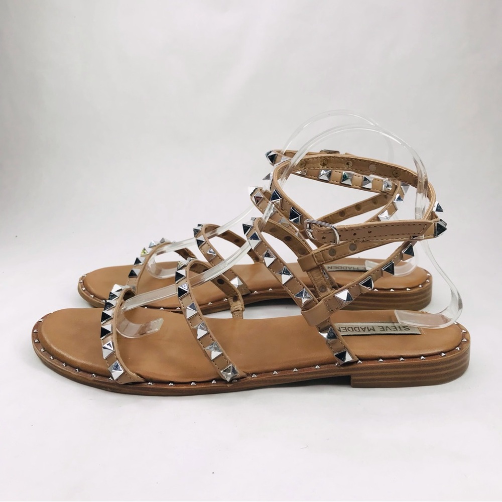 Steve Madden Women's 10 Tan Nude Gladiator Studded Flat Ankle Wrap Sandal - Picture 3 of 10